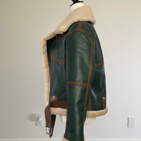 Bida Faux Shearling/Leather Green & Brown Bomber Jacket. Size M - Picture 5 of 16